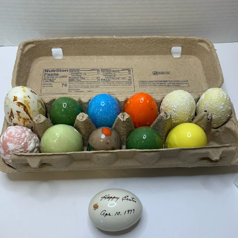 Vintage 1977 Ceramic Easter‎ Eggs Set of 12 Hand Painted Textured Marbled Decor